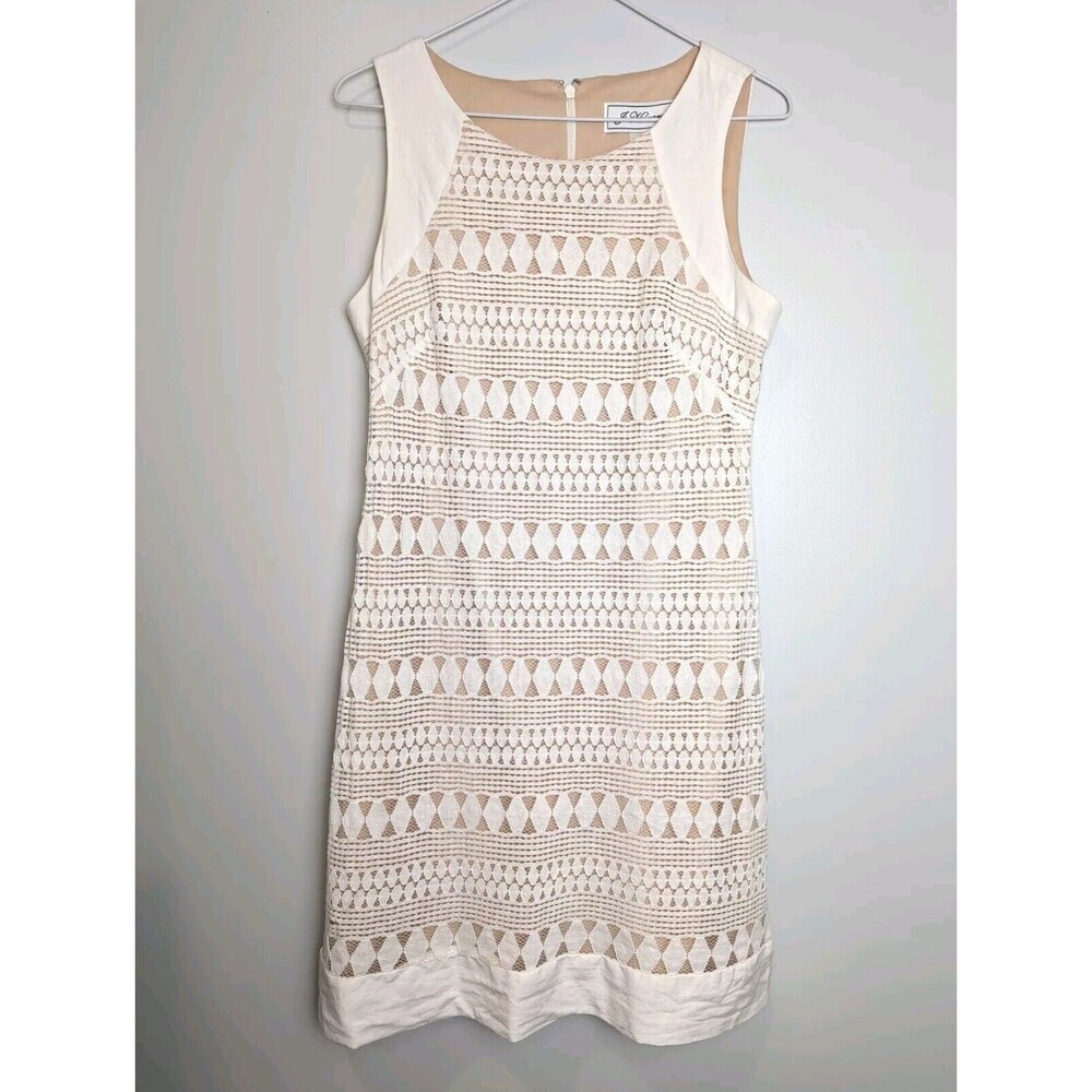 J Howard Ivory and Beige Lace‎ Overlay Sheath Dress Size 8 Linen Blend Cocktail
